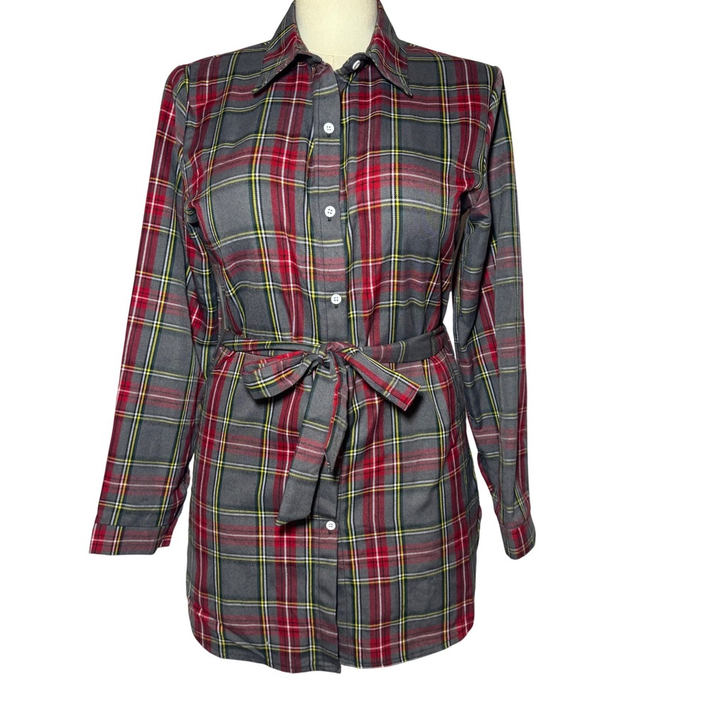 VICTORIA‎ LELAND Plaid Shirt Dress Belted Long Sleeve Button Down Women's